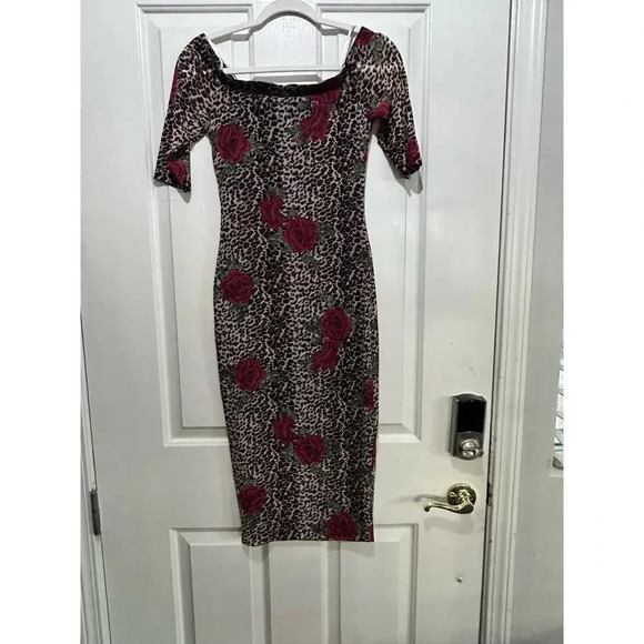Dna Couture cheetah rose Print Dress Y2K bodycon sheer Size Medium - Picture 6 of 6